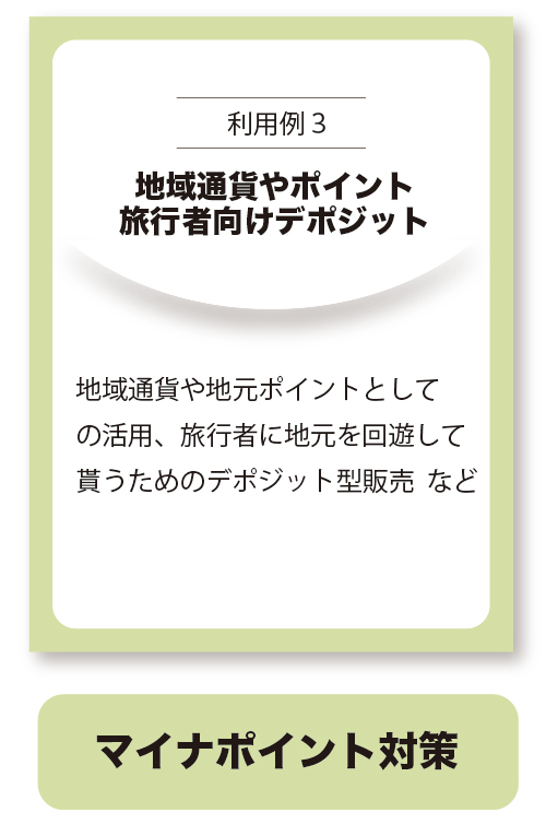 地域通貨やポイント、旅行者向けデポジット
地域通貨や地元ポイントとしての活用、旅行者に地元を回遊して貰うためのデポジット型販売など
マイナポイント対策